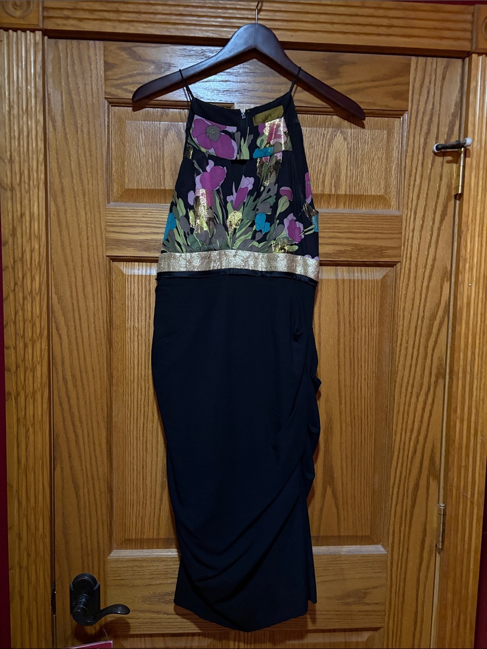 Nicole Miller Black Midi Dress with Purple & Green Floral Bodice and Gold Band